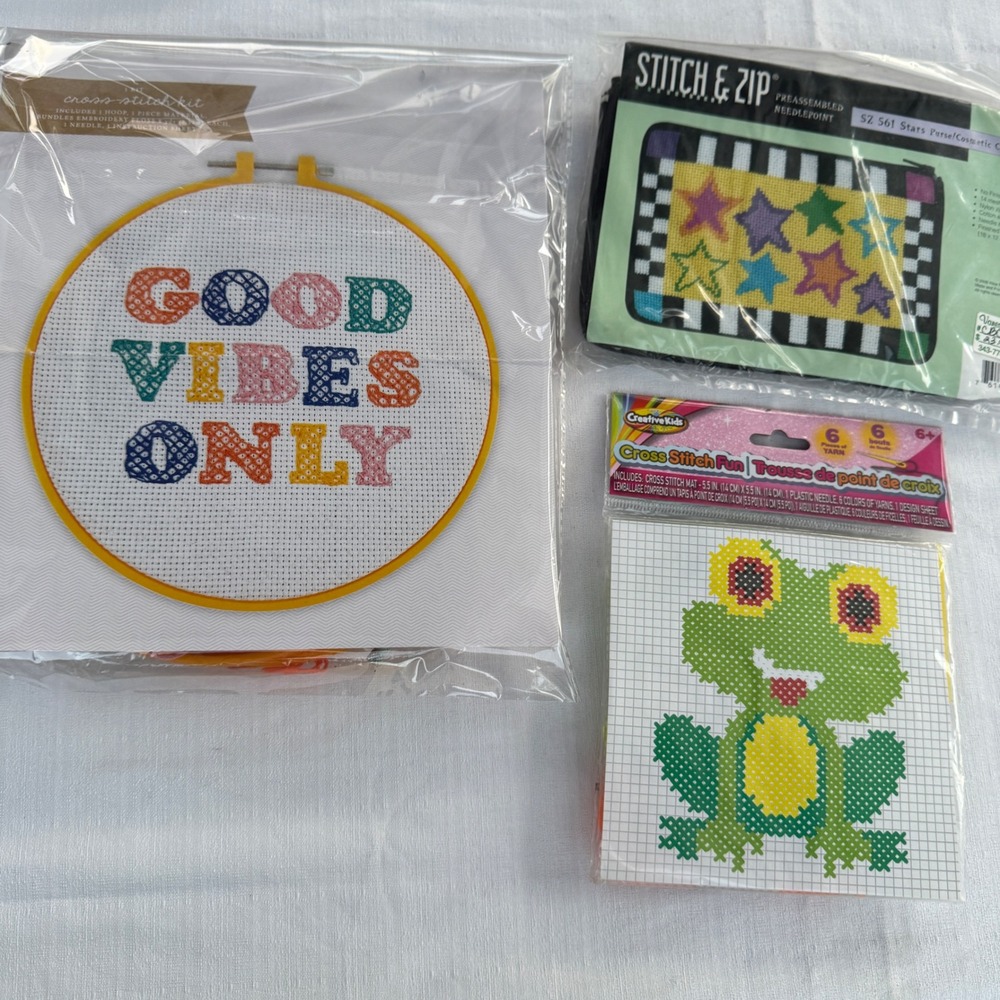 LOT Kids Needlepoint Cross Stitch Kit Loop Bundle Frog Star Retro Alice Peterson